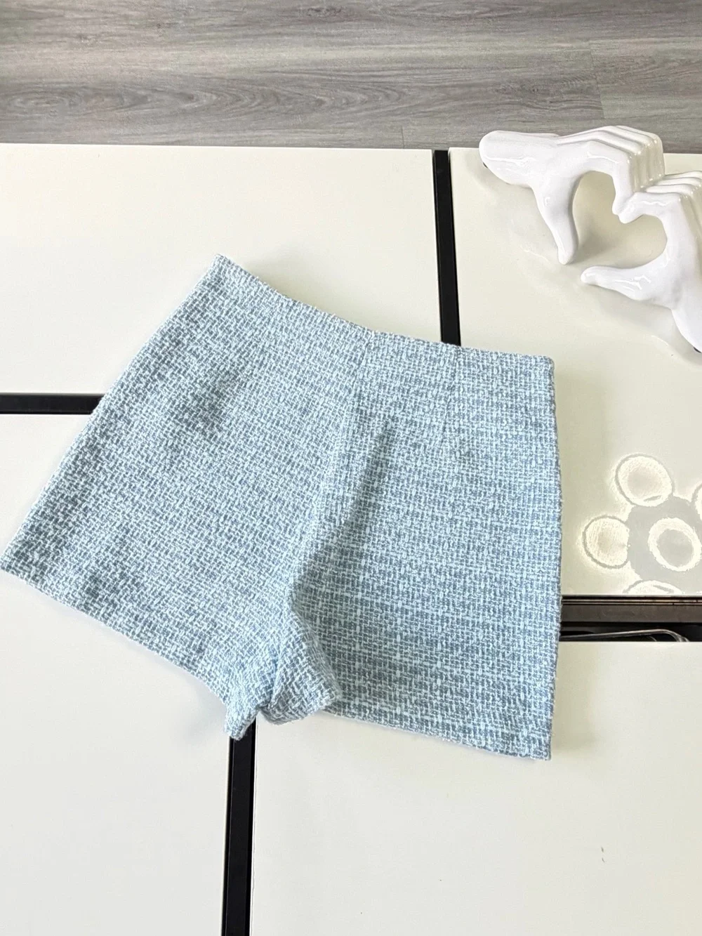ZARA Light Blue Tweed Skort High-Waisted Mini Shorts Size S 🩵